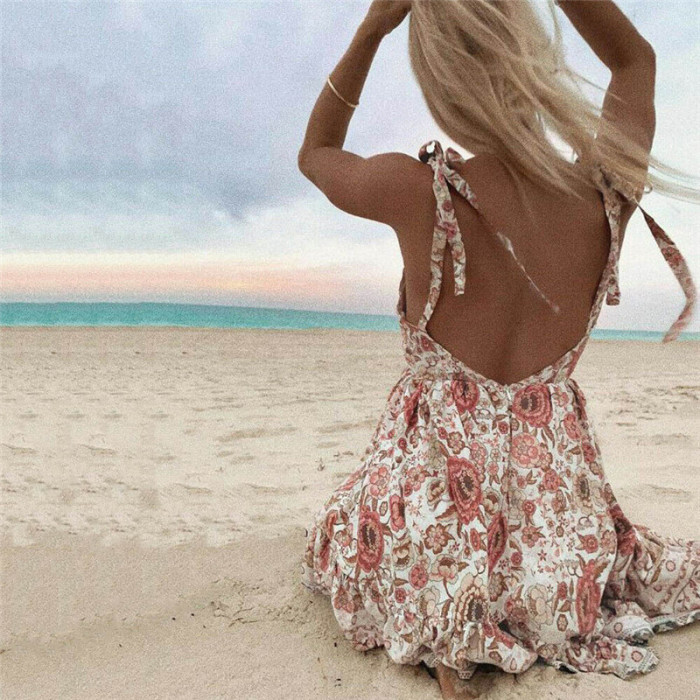 Bohemian Vacation Sleeveless V-Neck Floral High Waist Mini Dress