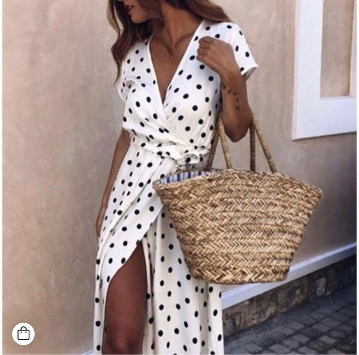 Deep V Neck Short Sleeve Polka Dot Print Loose Maxi Dress