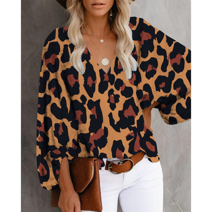 Fashion Floral Print V Neck Balloon Long Sleeves Casual Top Loose Blouses