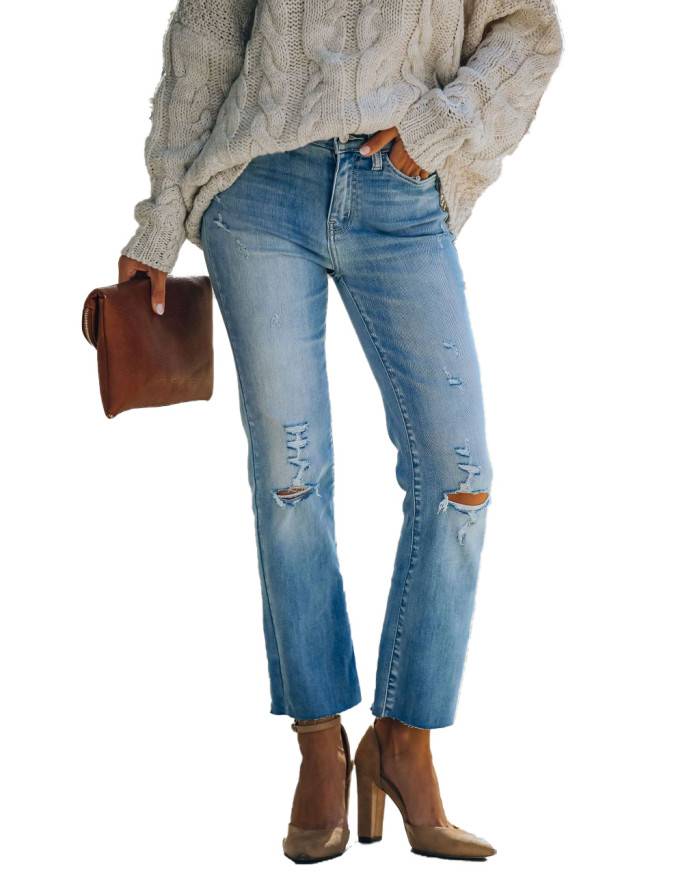 Trendy Ripped Stretch Straight-Leg Jeans