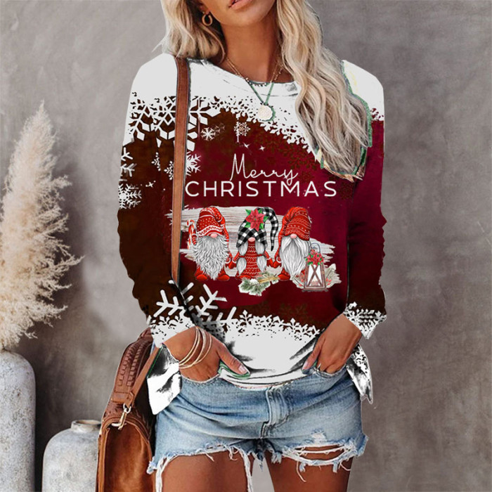 Winter Christmas Print Fashion Long Sleeve 3D Print Pullover  T-Shirts Top