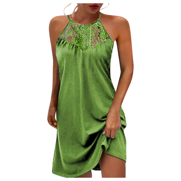 Fashion Women'S Sexy Solid Color Lace Sleeve Halter Neck Mini Dress