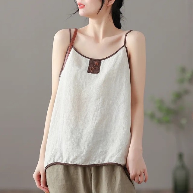 Women Cotton V Neck Basic Embroidered Sleeveless Tank Loose Casual Camis