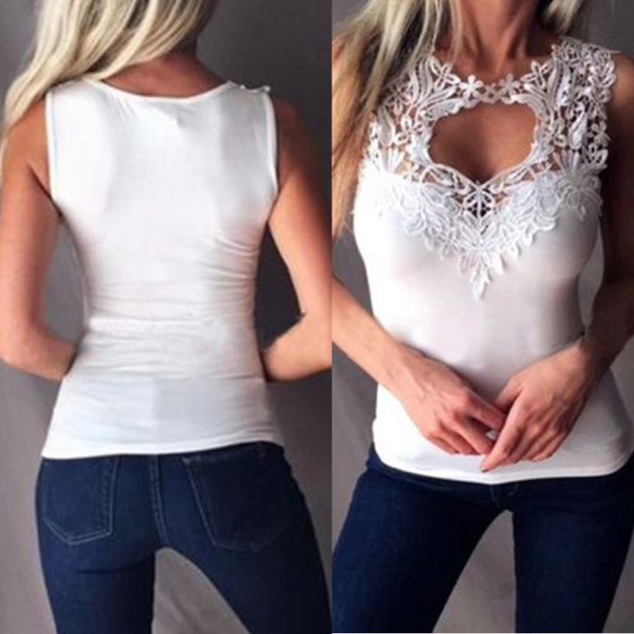 Sexy Solid Color Hollow Lace Sleeveless Bodysuit Chic Retro Solid Color Blouses & Shirts