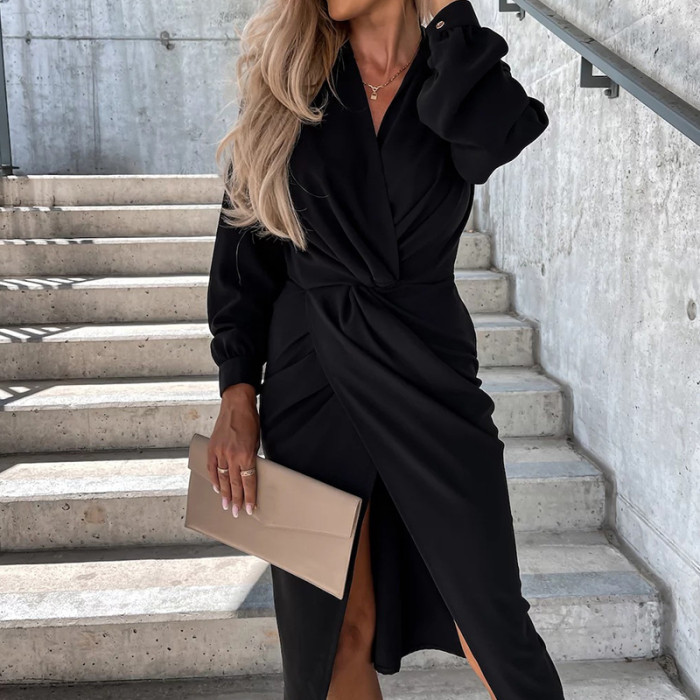 Elegant Long Sleeve V Neck Sexy Fashion Solid Color Crossover  Midi Dress