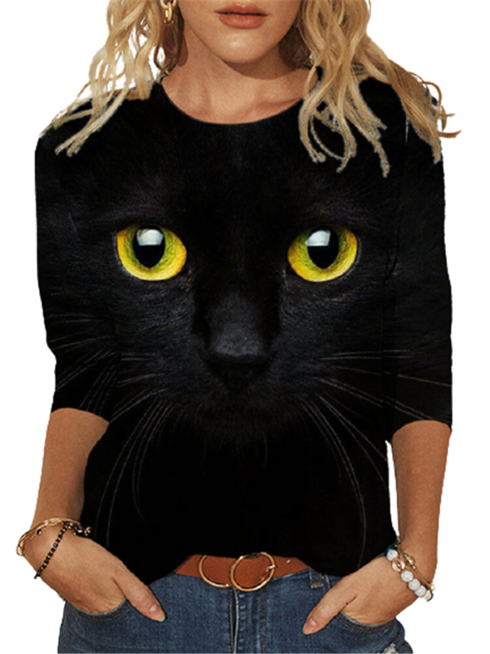 Fashion Cat Eye Print O-Neck Long Sleeves Casual Top
