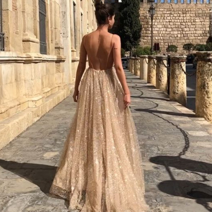 Sexy Gold Sequin Spaghetti Straps Evening Dress Party Fashion Elegant Prom Dress