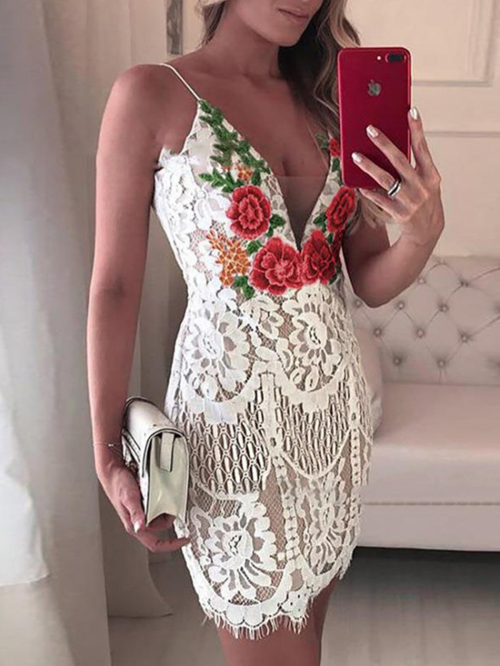 Embroidered Lace Crochet Sexy Sleeveless V-neck Party Dresses