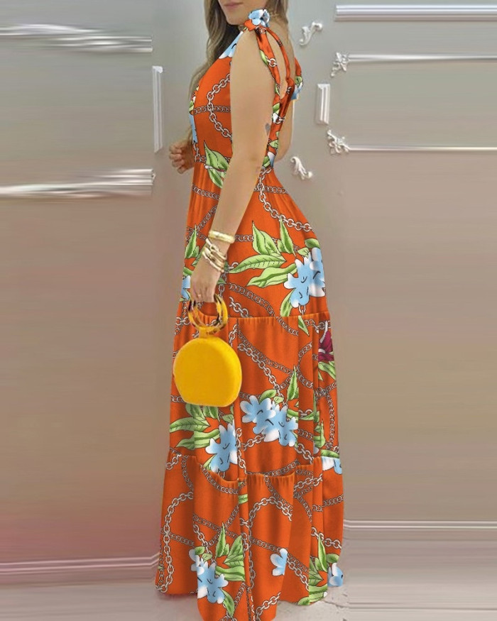 Sexy Fashion Sleeveless Printed V-neck Maxi Dress