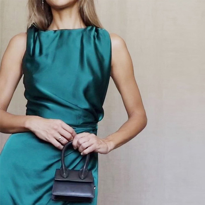 Time Solid Sleeveless Tie Slit Party Evening  Midi Dress