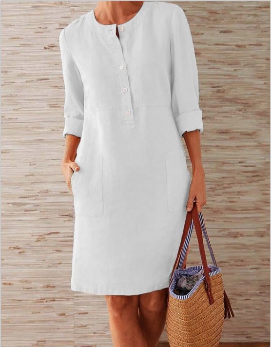 Cotton Linen Vintage Long Sleeve Button Pocket Loose Dress