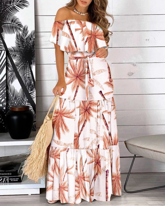 Fashion Ruffle Strapless Printed Swing Party Maxi Dress