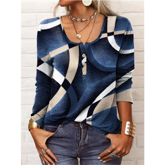Women's Loose Long Sleeve Fashion Sexy U-Neck Button Casual Blouses
