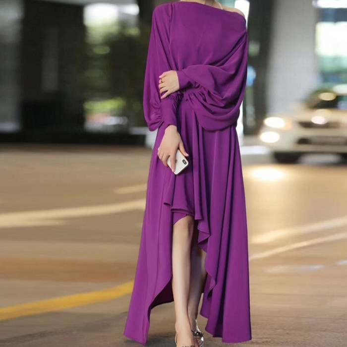 Elegant Slit Casual O-Neck Lantern Long Sleeve Fashion Loose Irregular Dresses