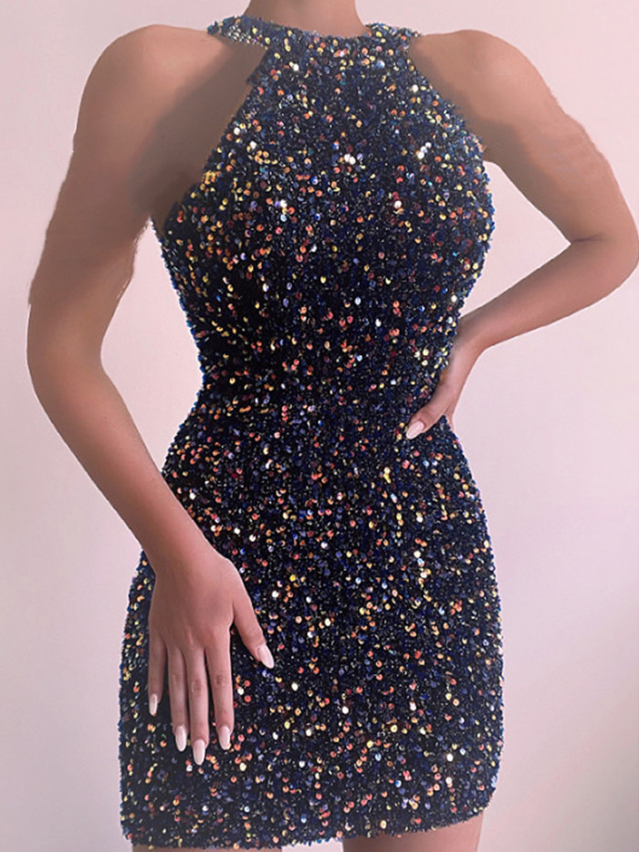 Sexy Off Shoulder Sleeveless Slim Party Elegant Sequin O-Neck Party Mini Dress