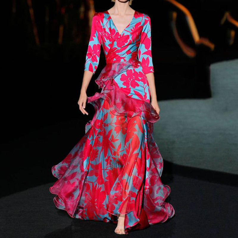 Fashionable Elegant Design Printed High Waist Ruffle Trim V Neck Maxi Dress