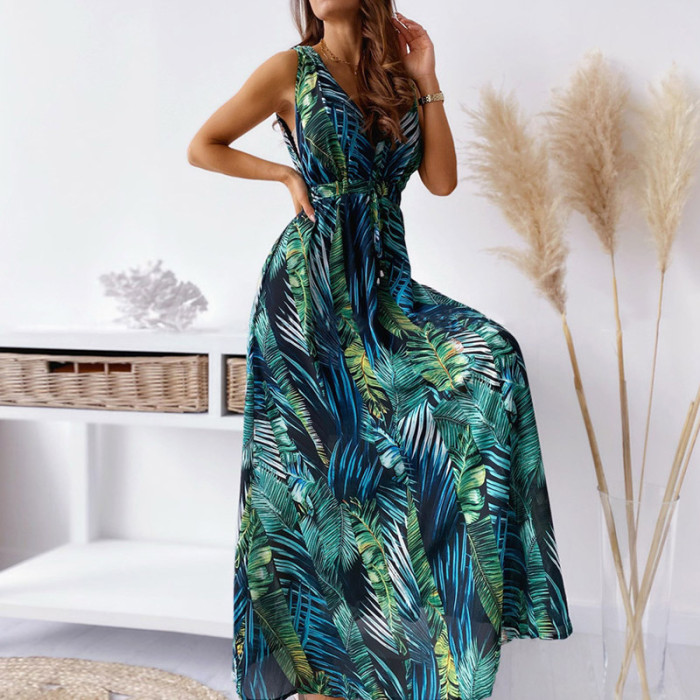 Print Lace-Up Backless Halter V Neck Sleeveless Dress
