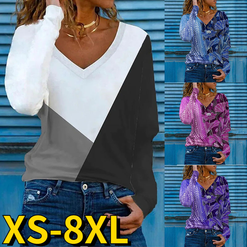 Retro 3D Retro Print Long Sleeve Sexy V Neck Top T-Shirts