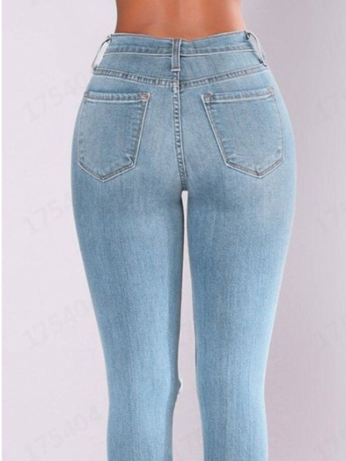 Sexy Mid Rise Distressed Trouser Stretch Skinny Hole Denim Pencil Blue Ripped Jeans