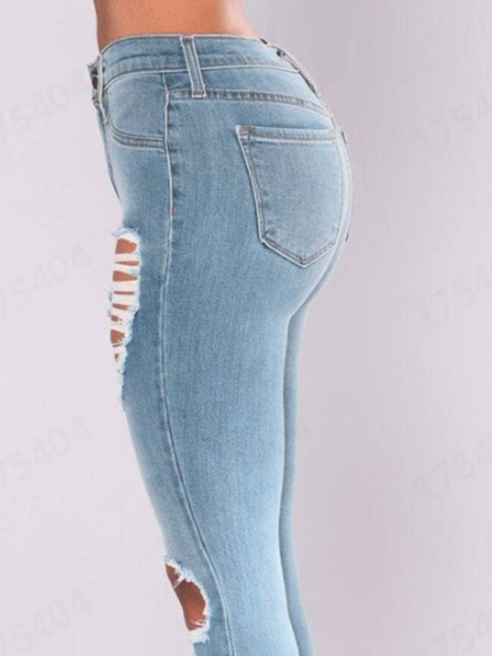 Sexy Mid Rise Distressed Trouser Stretch Skinny Hole Denim Pencil Blue Ripped Jeans