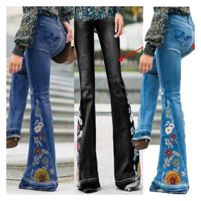 Fashionable Embroidered Flared Pants Breathable High Street Wide-Leg Stretch Jeans