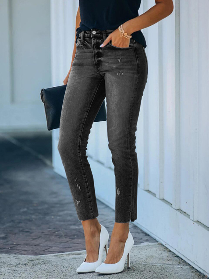 Ladies' Stretch Fashion Slit Mid Rise Skinny Jeans