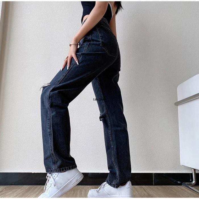 Women Female Ripped Hole Baggy High Waist Fashion Streetwear Vintage Straight Trousers Jeans