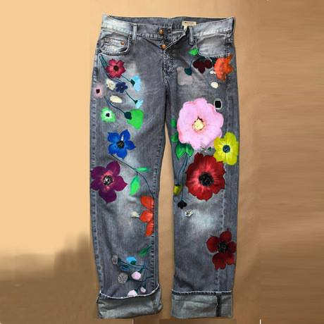 Women Cute Flower Printed Loose Jeans