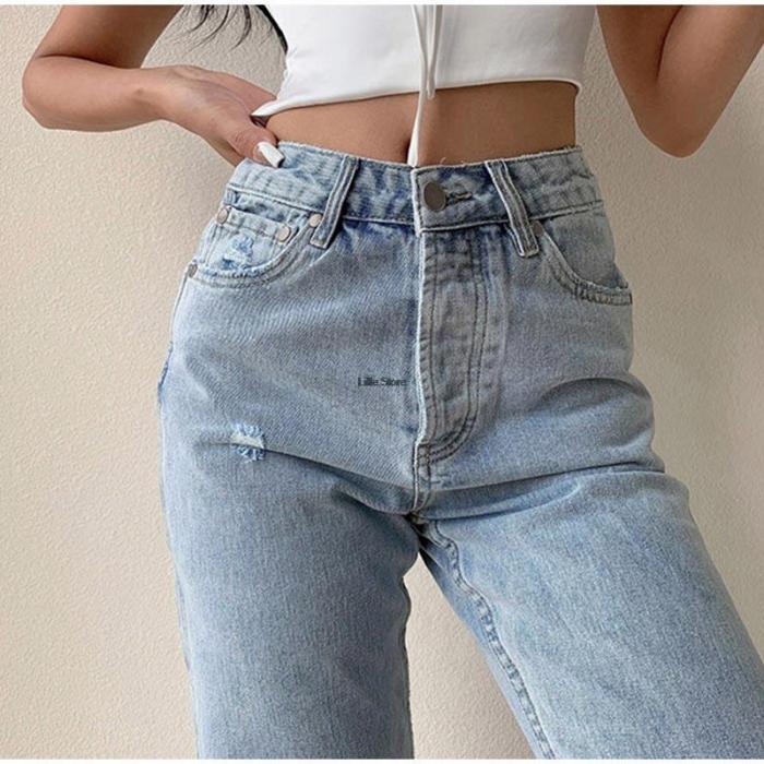 Women Female Ripped Hole Baggy High Waist Fashion Streetwear Vintage Straight Trousers Jeans