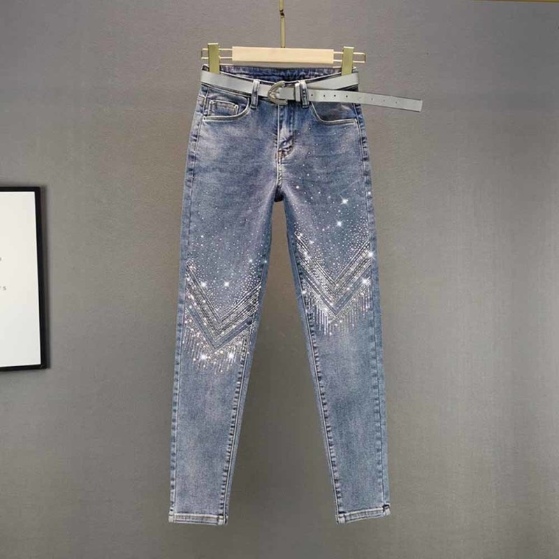 Fashion Rhinestone Skinny Women's Stretch High Waist Cropped Jeans