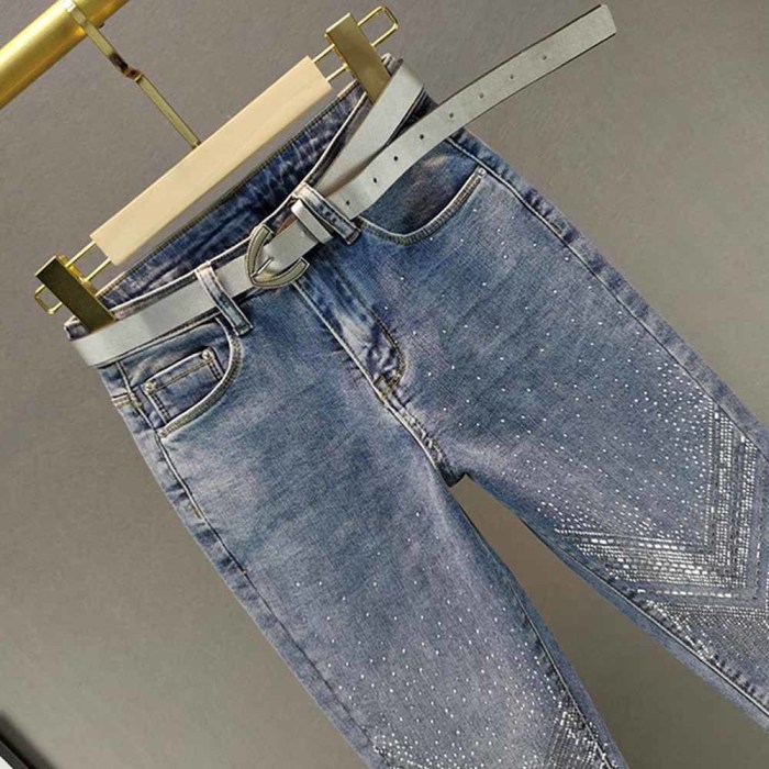 Fashion Rhinestone Skinny Women's Stretch High Waist Cropped Jeans