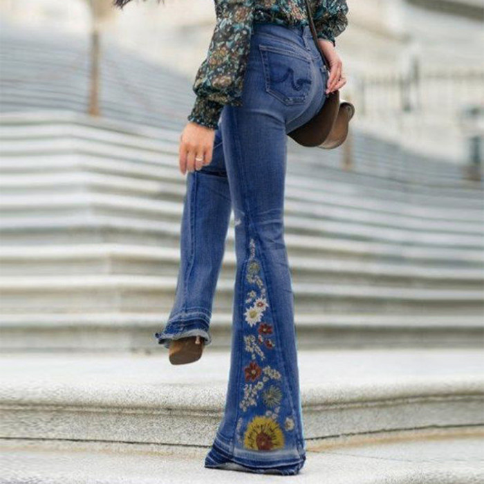 Fashionable Embroidered Flared Pants Breathable High Street Wide-Leg Stretch Jeans