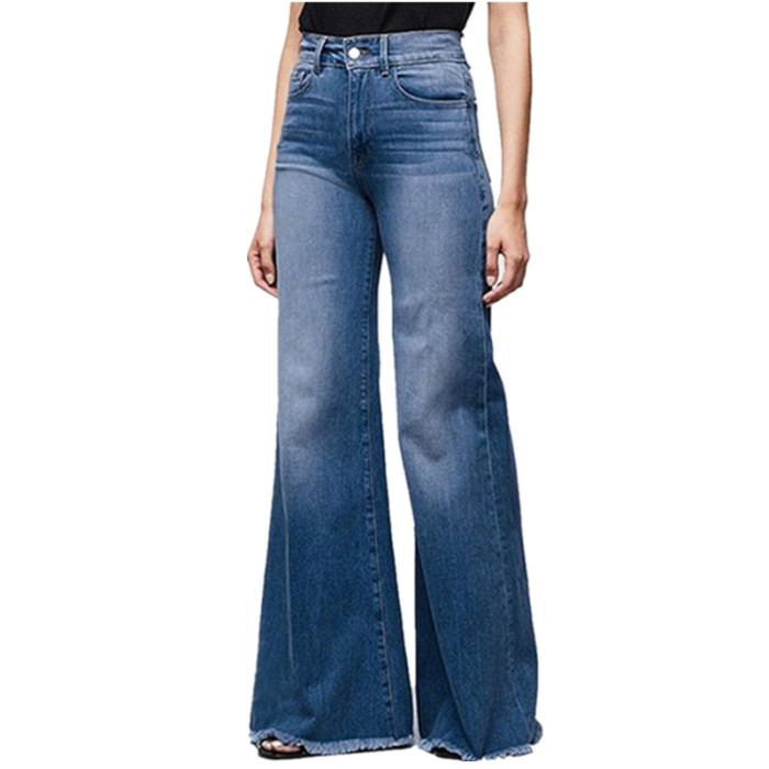 Fashion Retro High Waist Stretch Pocket Wide Leg Flare Jeans