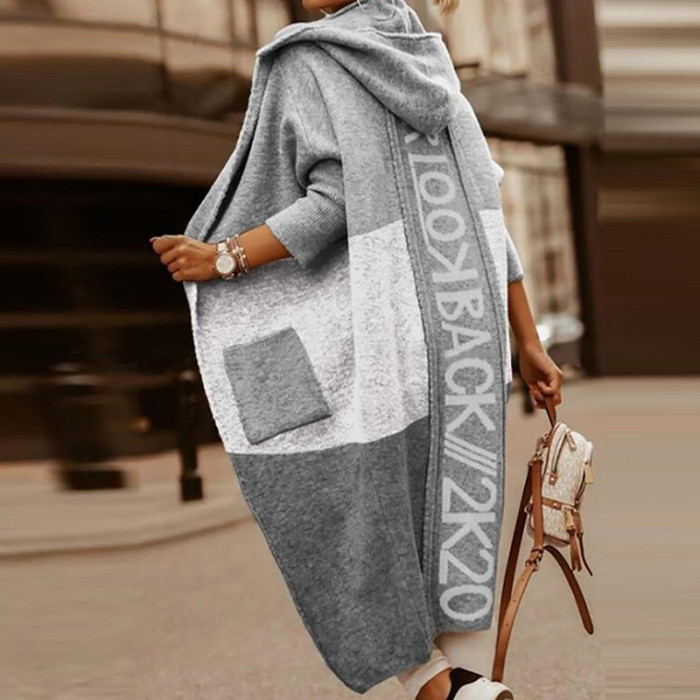 Women Loose Long Knit Cardigan Long Sleeve Casual Hooded Elegant Print Streetwear Coats