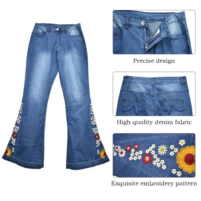 Fashionable Embroidered Flared Pants Breathable High Street Wide-Leg Stretch Jeans