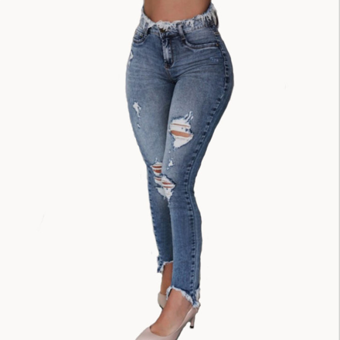 Women Sexy Vintage Ripped Hole Pencil Long Pants Jeans