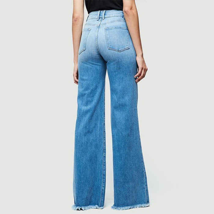 Fashion Retro High Waist Stretch Pocket Wide Leg Flare Jeans