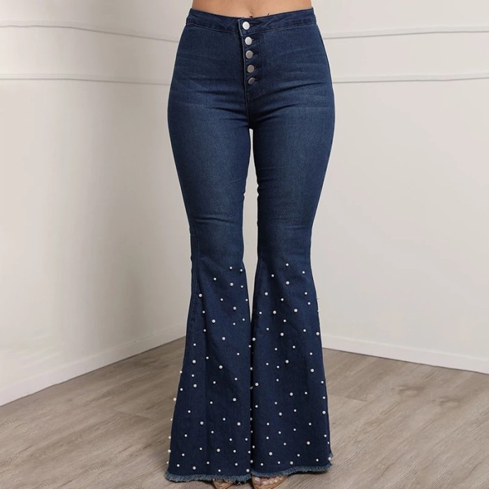 Fashion Women Flared Jeans High Waist Single-breasted Casual Denim Pant