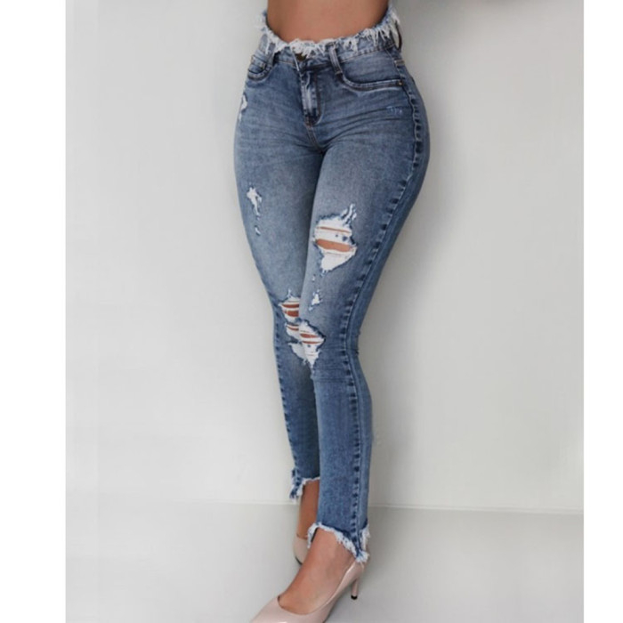 Women Sexy Vintage Ripped Hole Pencil Long Pants Jeans