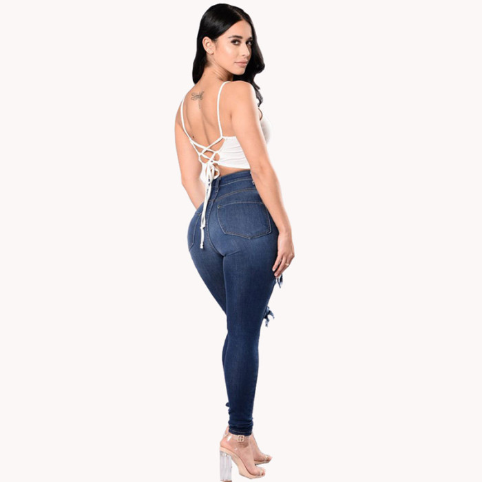 Stretch Skinny Ripped Washed Slim High Waist Jeans
