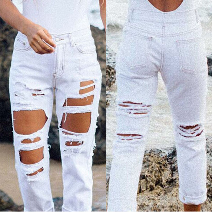 Women's White Hole Hollow Slim Solid Color Casual Fashion  Jeans