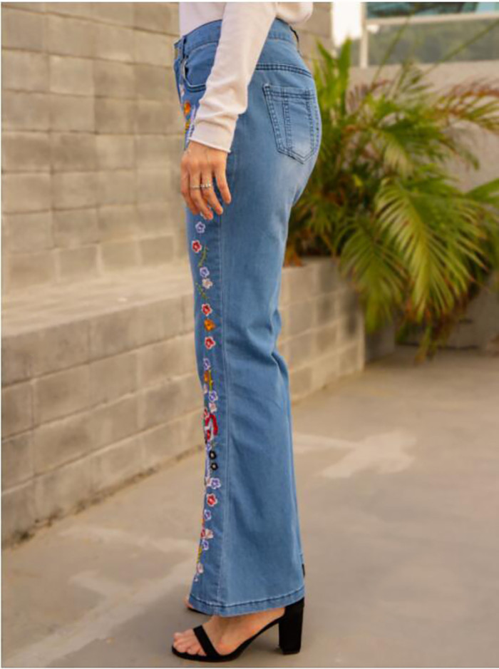 Fashion Casual Embroidery Slim Fit Casual Flared Jeans