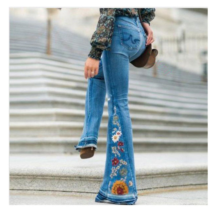 Fashionable Embroidered Flared Pants Breathable High Street Wide-Leg Stretch Jeans