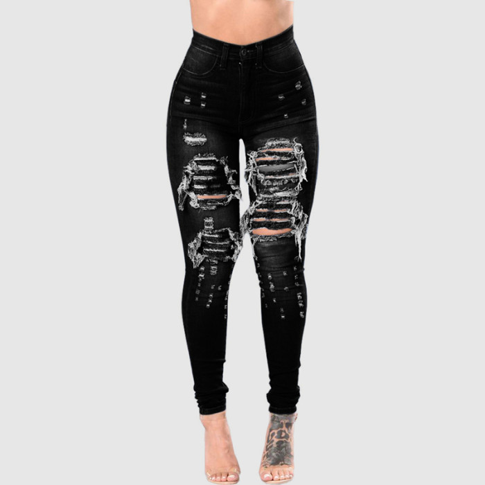 Stretch Skinny Ripped Washed Slim High Waist Jeans