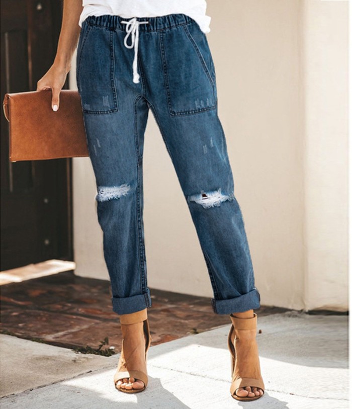 Trendy Retro Mid Rise Ripped Casual Jeans