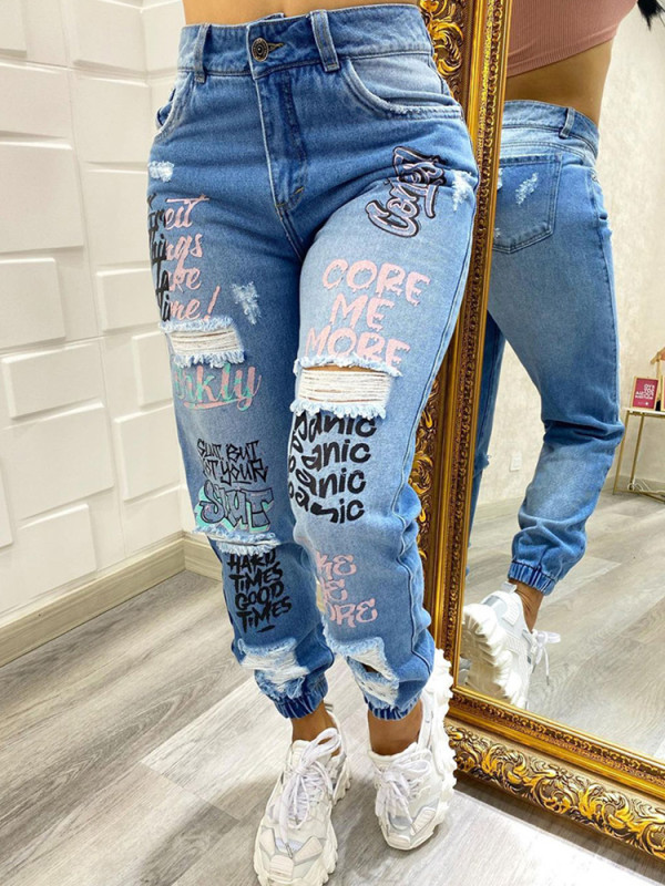 Women Letter Print Slant Pocket Ripped Casual Jeans