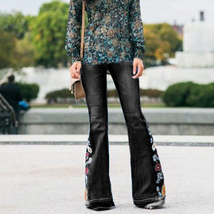 Fashionable Embroidered Flared Pants Breathable High Street Wide-Leg Stretch Jeans