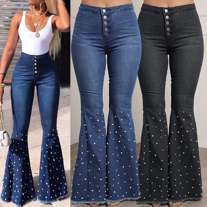 Fashion Women Flared Jeans High Waist Single-breasted Casual Denim Pant