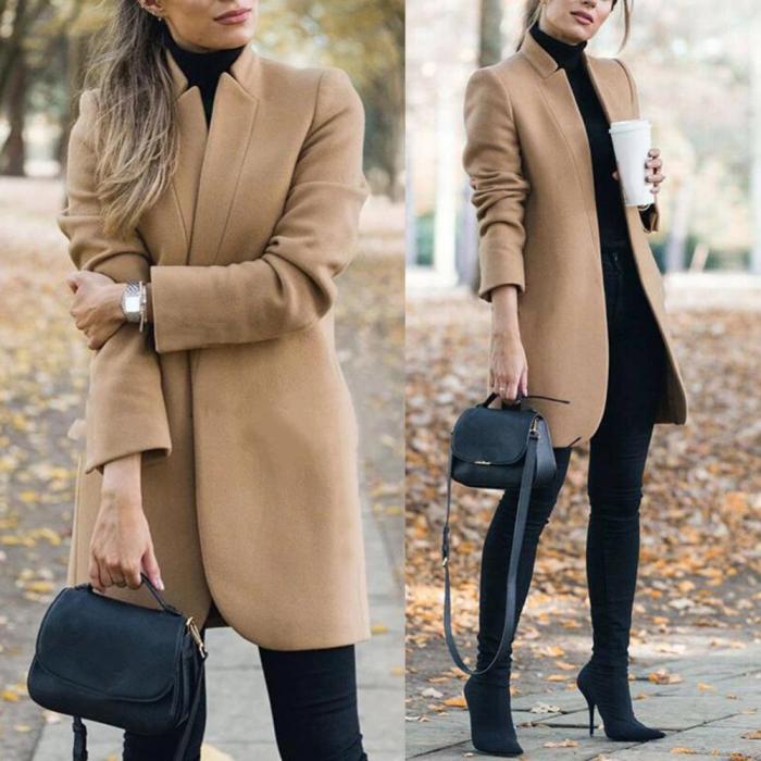 Fashion Autumn Solid Color Loose Stand Collar Wool Long Coat