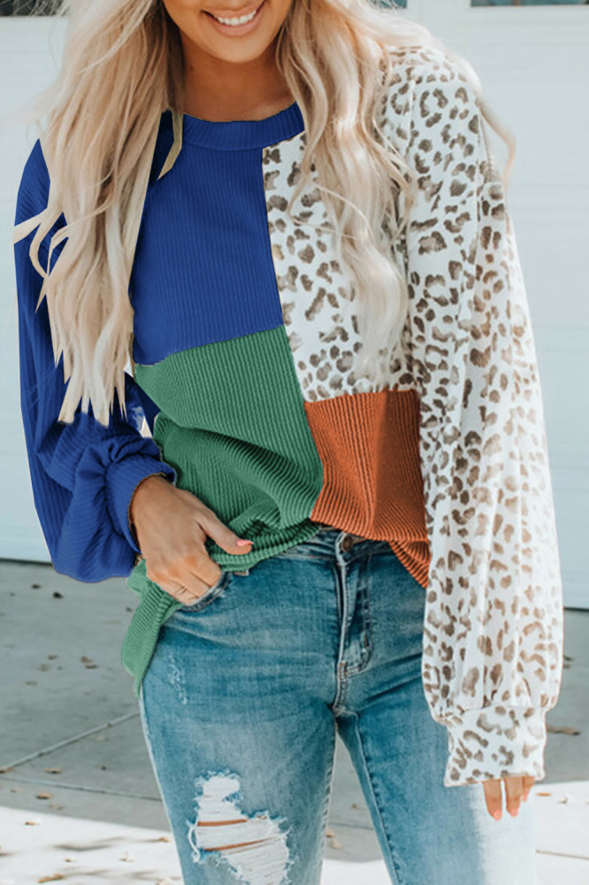 Women O-neck Long Sleeve Casual Vintage Leopard Patchwork Sweatshirts